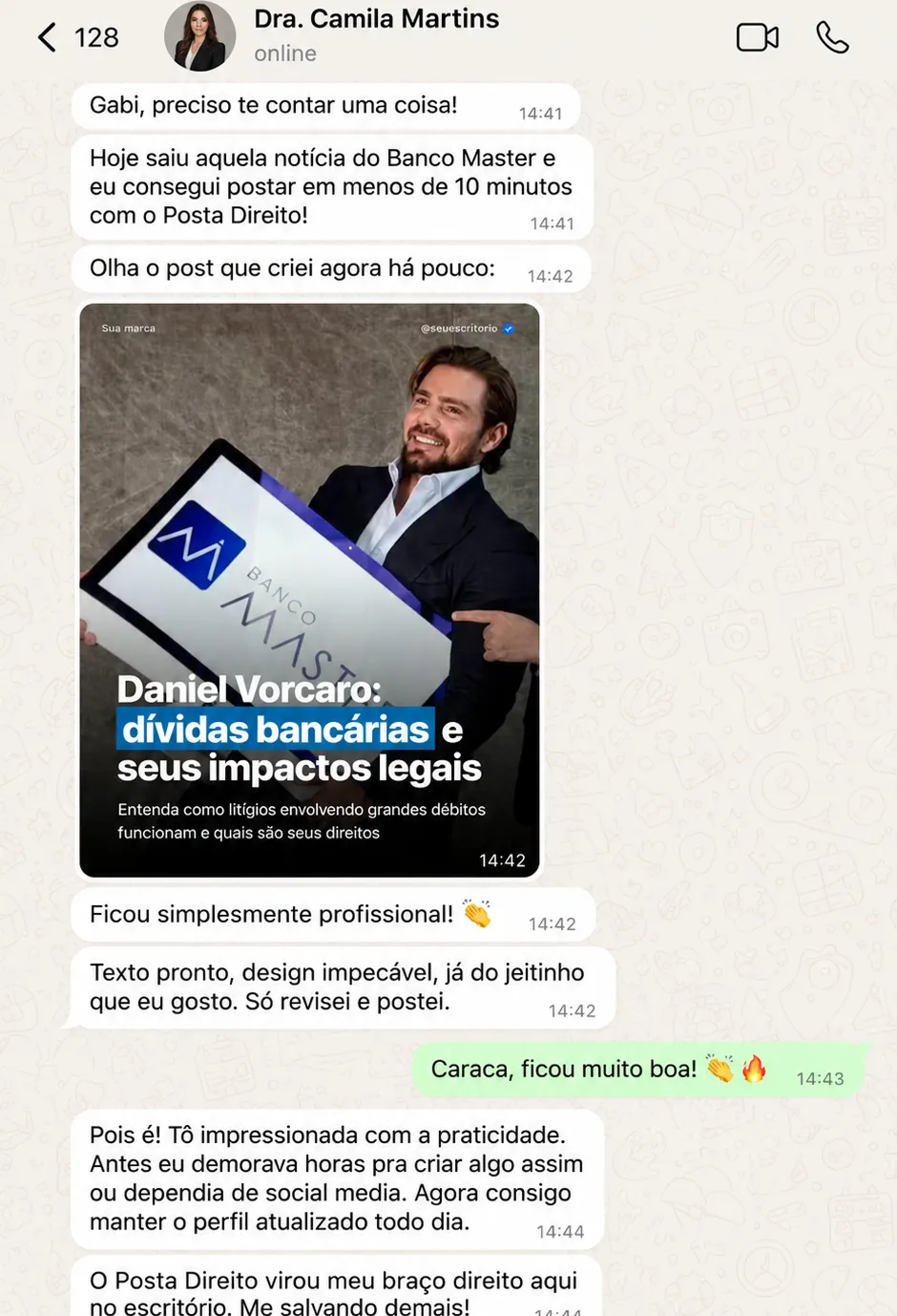 Depoimento no WhatsApp da Dra. Camila Martins sobre criar posts em menos de 10 minutos com o Posta Direito